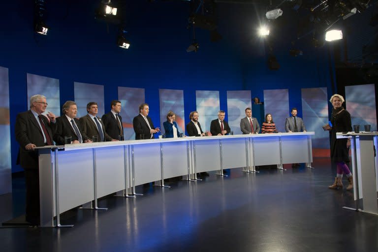 Candidates in the general elections take part in a TV debate on the eve of voting in Reykjavík, Iceland on April 26, 2013. Iceland's centre-right opposition declared victory early Sunday in parliamentary elections, as voters punished the incumbent leftist government for harsh austerity measures during its four years at the helm