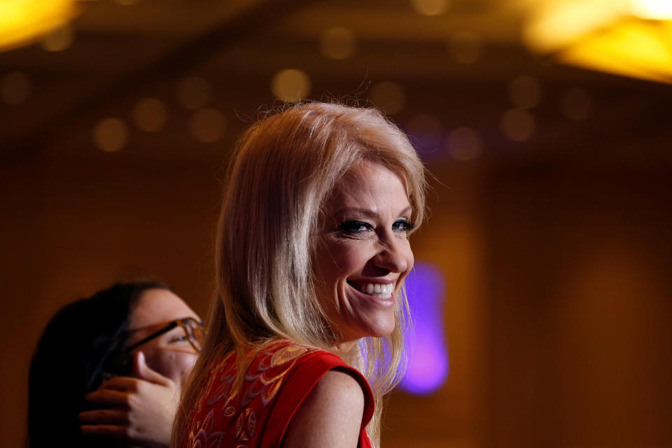 <p>White House Counsellor Kellyanne Conway watches as U.S. President Donald Trump speaks at the Conservative Political Action Conference (CPAC) at National Harbor, Md., Feb. 23, 2018. (Photo: Joshua Roberts/Reuters) </p>