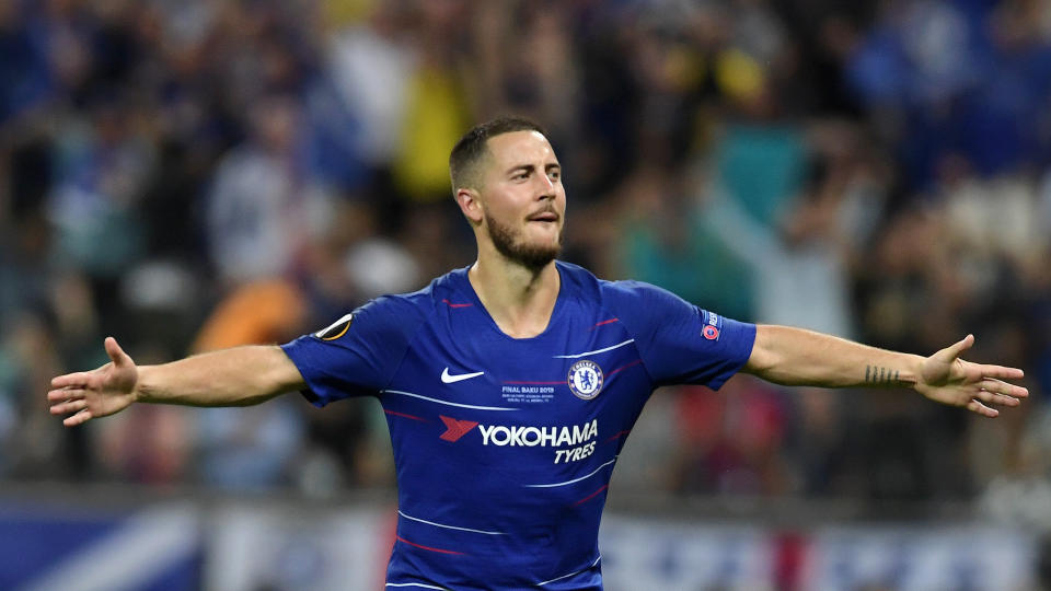 BAKU, AZERBAIJAN - MAY 29:  Eden Hazard of Chelsea scores his team's third goal from the penalty spot during the UEFA Europa League Final between Chelsea and Arsenal at Baku Olimpiya Stadionu on May 29, 2019 in Baku, Azerbaijan. (Photo by Alexander Scheuber - UEFA/UEFA via Getty Images)