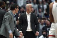 Connecticut coach Dan Hurley, center, reacts during the first half of the team's NCAA college basketball game against Villanova, Tuesday, Feb. 22, 2022, in Hartford, Conn. Hurley was ejected. (AP Photo/Jessica Hill)