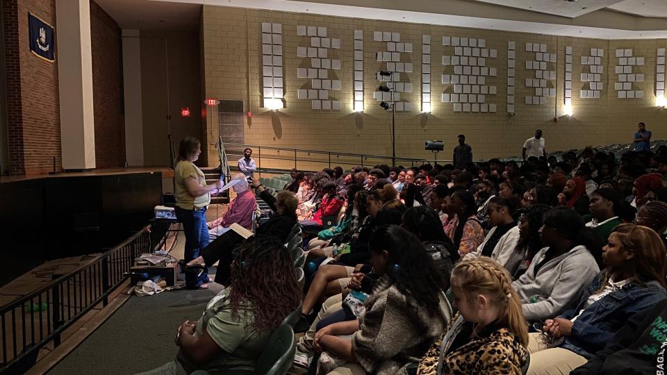 Paula Shackleford told Peabody Magnet High School students how the near-fatal attack on her by an ex-boyfriend when she was 18 changed her life.