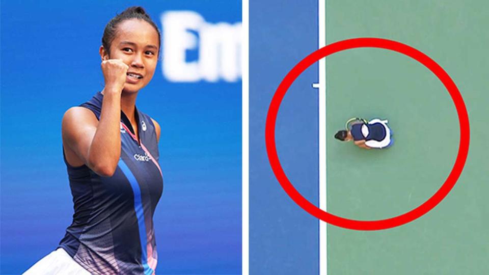 Leylah Fernandez (pictured left) celebrating with a fist-pump and (pictured right) breaking down in tears after her win.