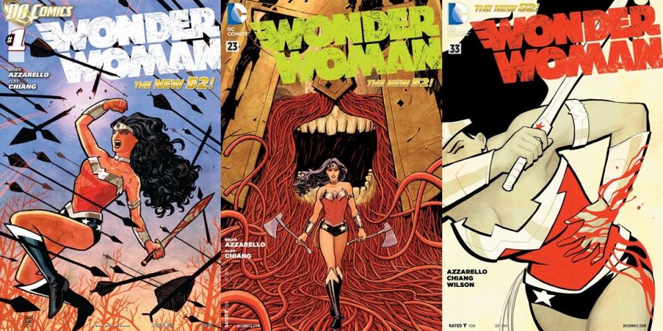 Covers for the 2011 "New 52" Wonder Woman by Brian Azzarello and Cliff Chiang.