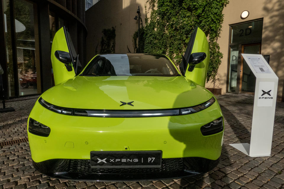 Copenhagen, Denmark November 8, 2022 A green Xpeng electric car in a showroom in the city center.