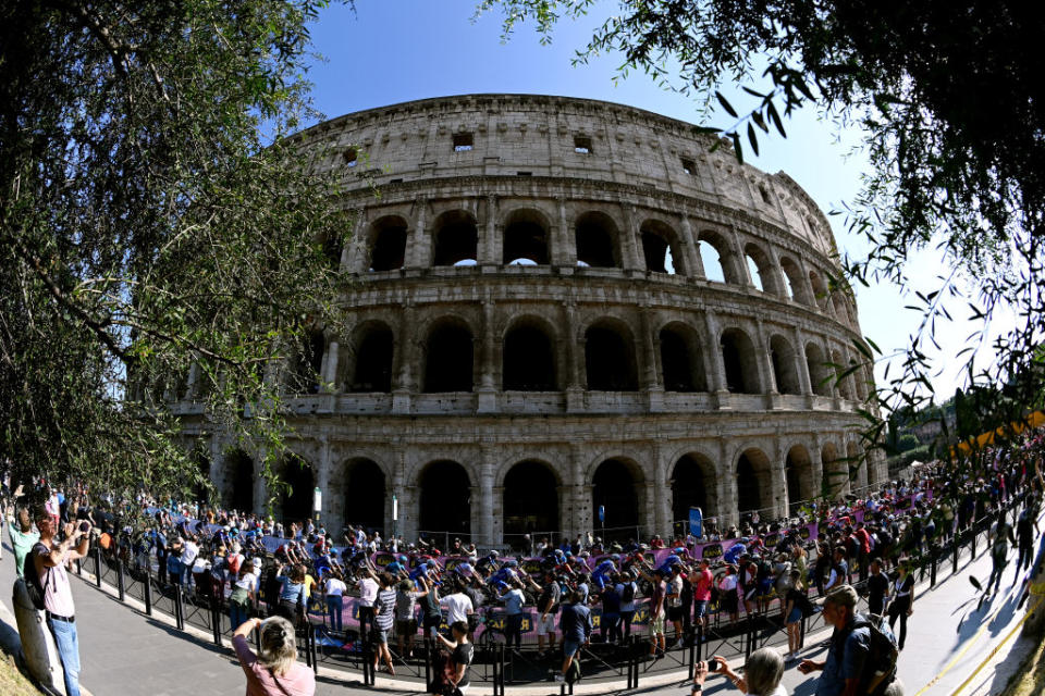 ROME ITALY  MAY 28 A general view of the peloton competing  close to the The Colosseum during the 106th Giro dItalia 2023 Stage 21 a 126km stage from Rome to Rome  UCIWT  on May 28 2023 in Rome Italy Photo by Tim de WaeleGetty Images
