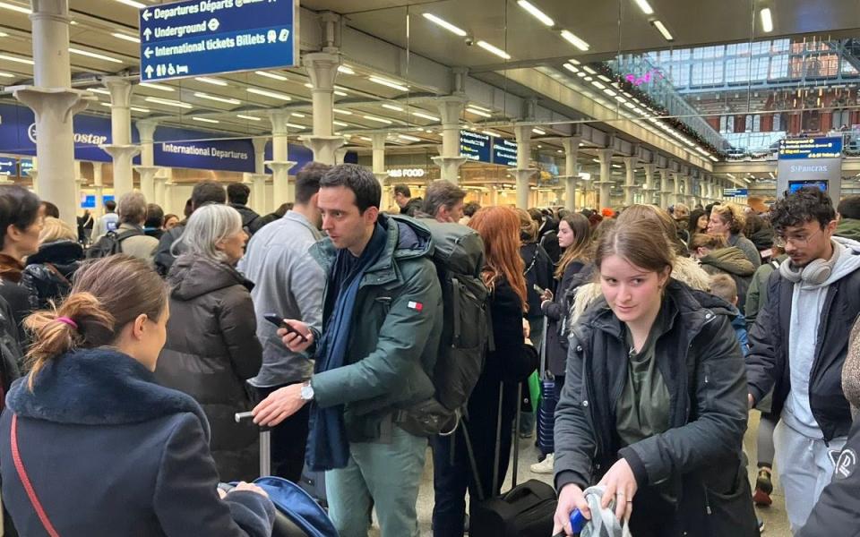 Long lines at St Pancras International Station in London after Eurostar's Channel Tunnel services between UK and France were hit by wildcat strike action