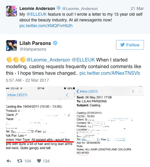 Lilah Parsons, a former model, recently Tweeted an email where casting agents requested models without Afros.