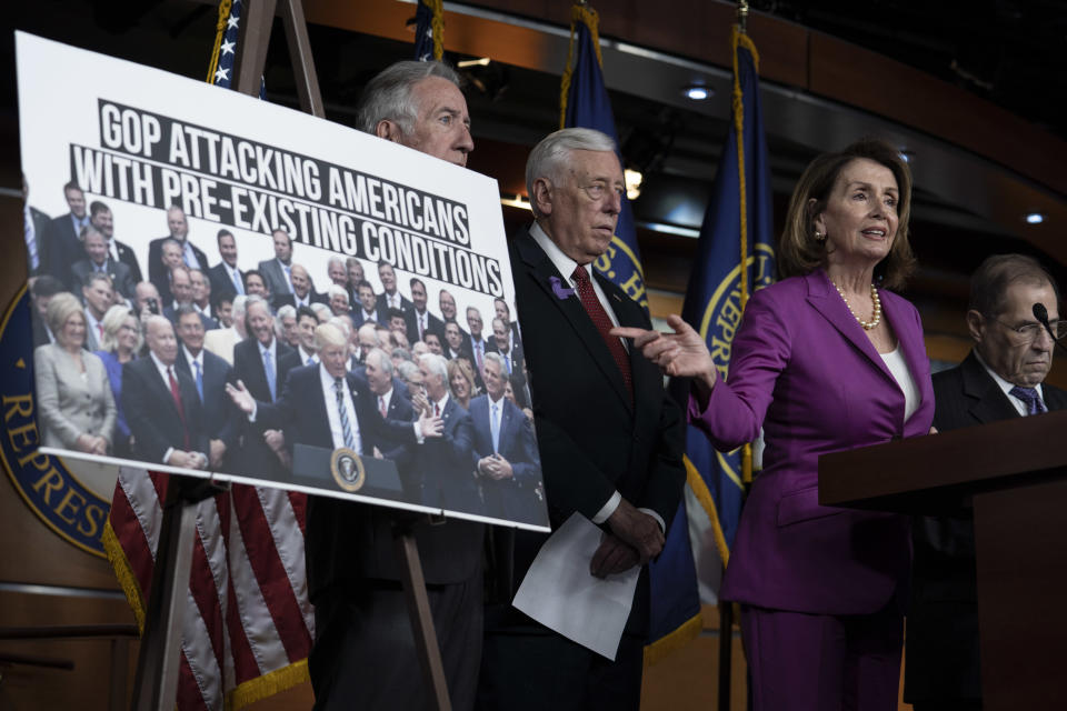 WASHINGTON, DC - JUNE 13:  House Minority Leader Nancy Pelosi,  (D-CA) gestures during a news conference held by House Democrats condemning the Trump Administration's targeting of the Affordable Care Act's pre-existing condition, in the US Capitol on June 13, 2018 in Washington, DC. (Photo by Toya Sarno Jordan/Getty Images)