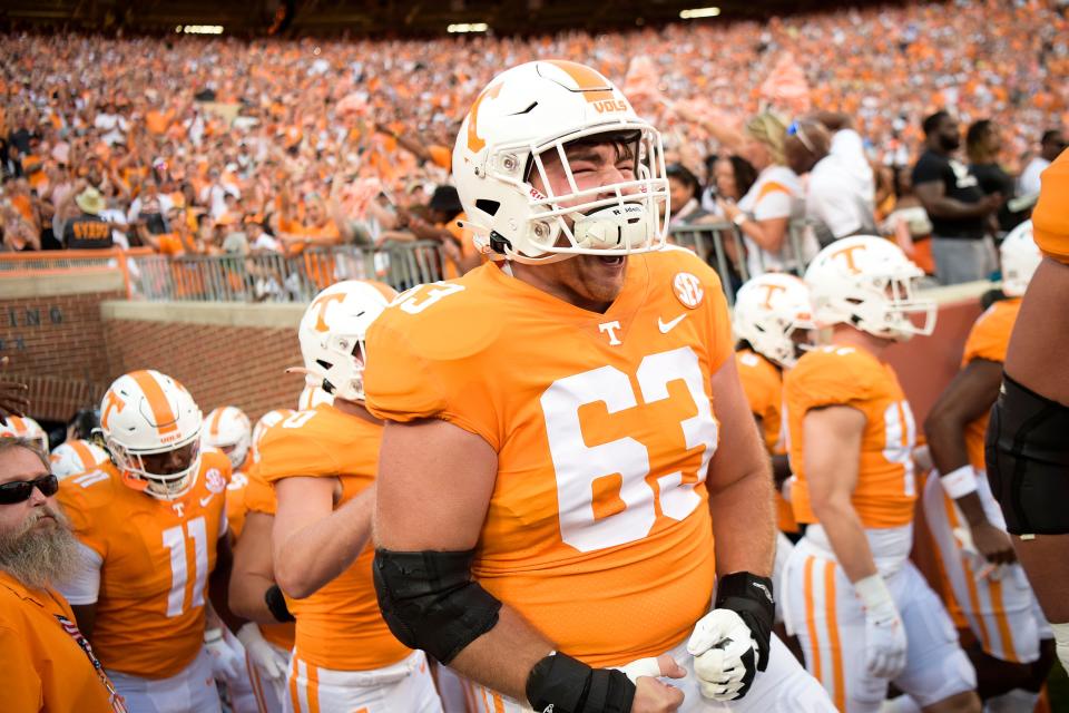 Tennessee offensive lineman Cooper Mays (63) takes the field before the Tennessee football season opener game against Ball State in Knoxville, Tenn. on Thursday, Sept. 1, 2022.