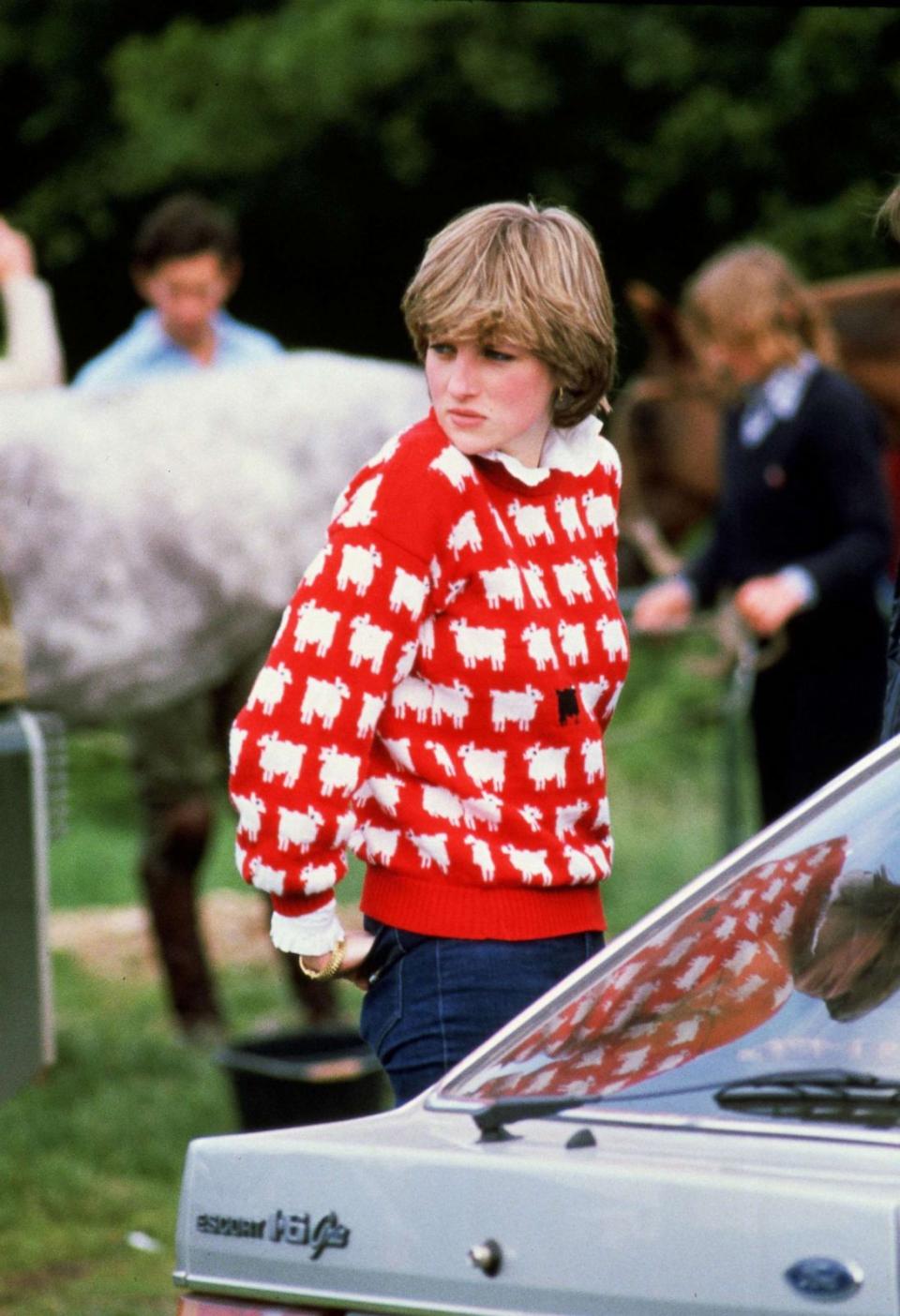 PHOTO: Diana, Princess of Wales, is seen wearing her 'Black Sheep' wool jumper to Windsor Polo in June of 1981. (Tim Graham Photo Library via Getty Images)