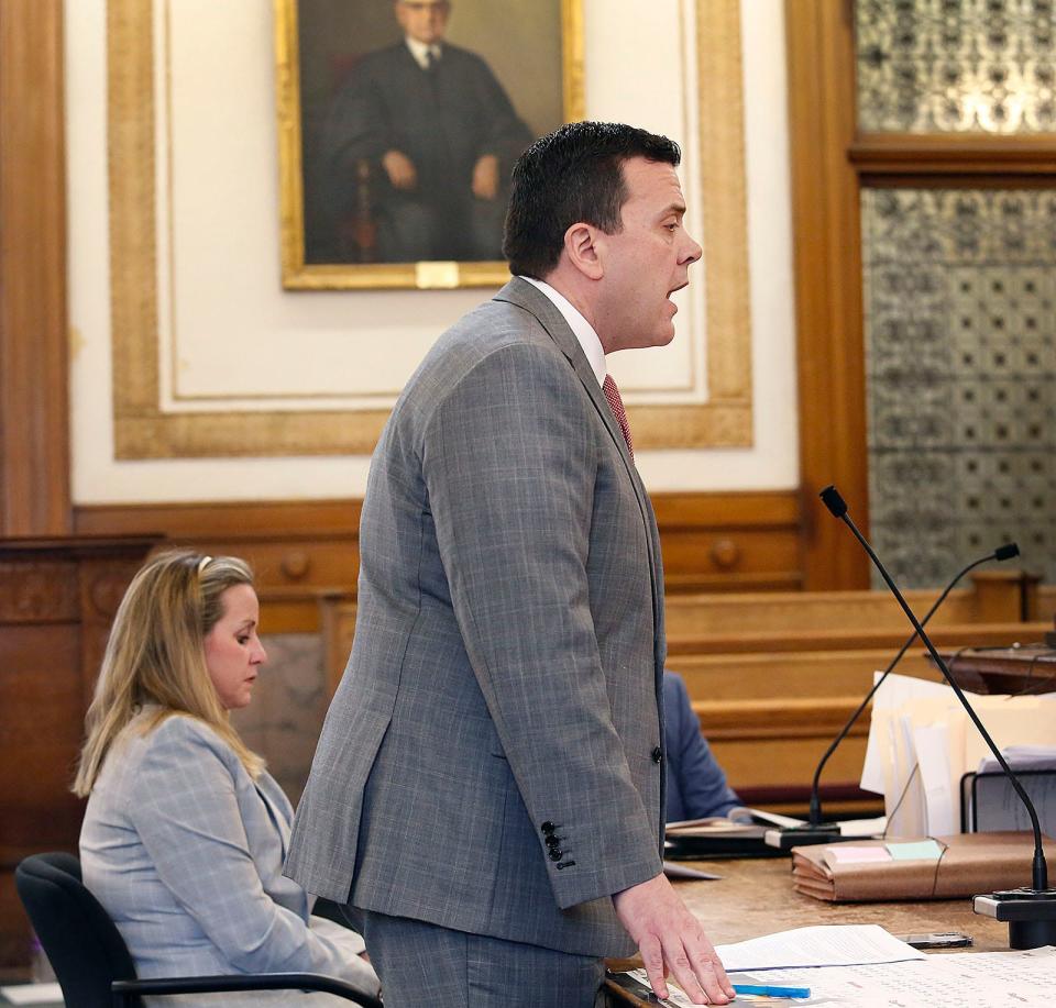 Assistant District Attorney Greg Connor describes the prosecution's case against Brian Walshe in Dedham Superior Court on Thursday, April 27, 2023.