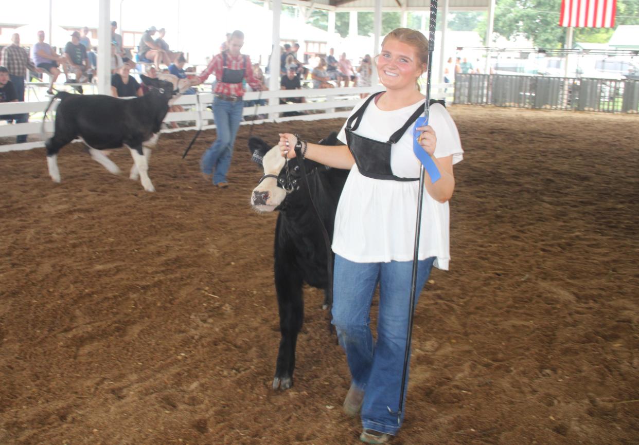2022 Morgan County Fair Queen Alyssa Etter walks her cow through the show arena.