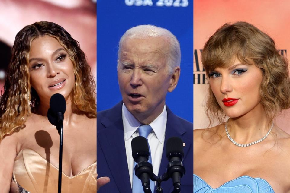 (From left) Beyoncé, Joe Biden and Taylor Swift (Getty Images)