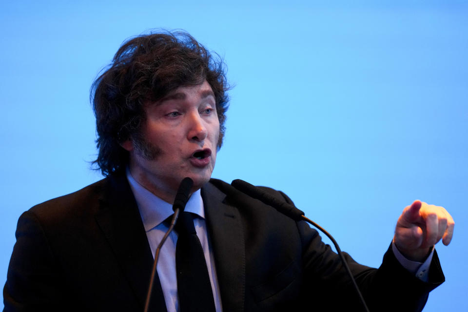 Argentina's President Javier Milei talks during the International Economic Forum of the Americas, in Buenos Aires, Argentina, Tuesday, March 26, 2024. (AP Photo/Natacha Pisarenko)