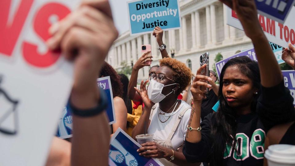 PHOTO: Affirmative Action supporters and and counter protestors shout at each outside of the Supreme Court of the United States on June 29, 2023, in Washington, D.C. (Kent Nishimura/Los Angeles Times via Getty Images, FILE)