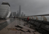 <p>Debris caused by Typhoon Hato damage is strewn across the waterfront of Victoria Habour in Hong Kong, Wednesday, Aug. 23, 2017. (Photo: Vincent Yu/AP) </p>