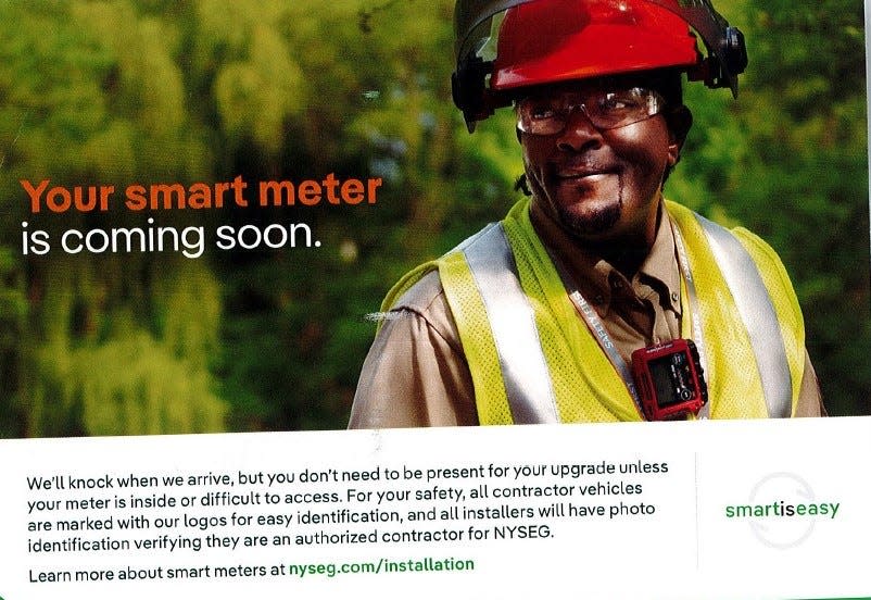A postcard from NYSEG informing a customer that a smart meter installer will be in their neighborhood soon to setup their upgrade.