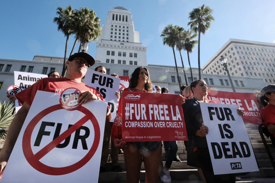 FILE -- In this Sept. 18, 2018 file photo protesters with the People for the Ethical Treatment of Animals (PETA) hold signs to ban fur in Los Angeles prior to a news conference at Los Angeles City. California will ban the sale and manufacture of new fur products and bar most animals from circus performances under a pair of bills signed Saturday, Oct. 12, 2019 by Gov. Gavin Newsom. (AP Photo/Richard Vogel,File)