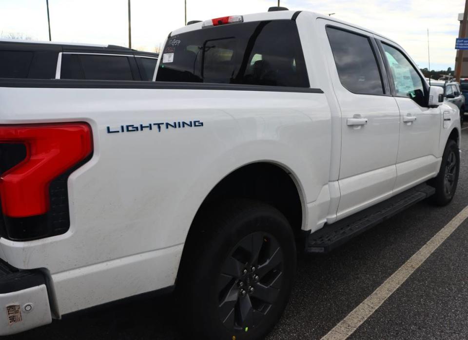 The white Ford F150 Lightning at Rivertown Ford in Columbus, Georgia is one of three pick-up trucks Electric Vehicles (EV) currently on the lot.