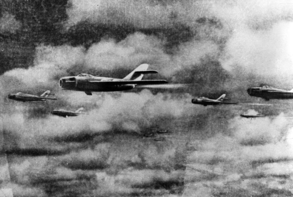 In this undated photo from North Korea’s official Korean Central News Agency, distributed by Korea News Service, (North) Korean People’s Army combat planes fly during the Korean War. (Photo: Korean Central News Agency/Korea News Service via AP Images)