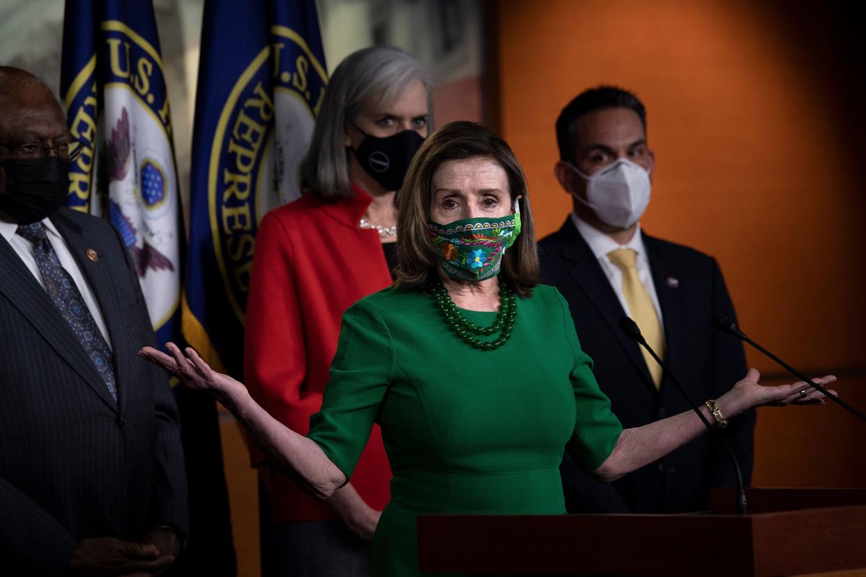 House Speaker Nancy Pelosi (D-Calif.) speaks during a press conference with other House Democratic leaders about COVID-19 financial relief and minimum wage on Capitol Hill on Feb. 26 in Washington, DC. (Photo: BRENDAN SMIALOWSKI via Getty Images)