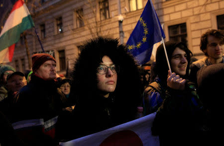 People rally against the government in Budapest, Hungary, January 19, 2018. REUTERS/Bernadett Szabo