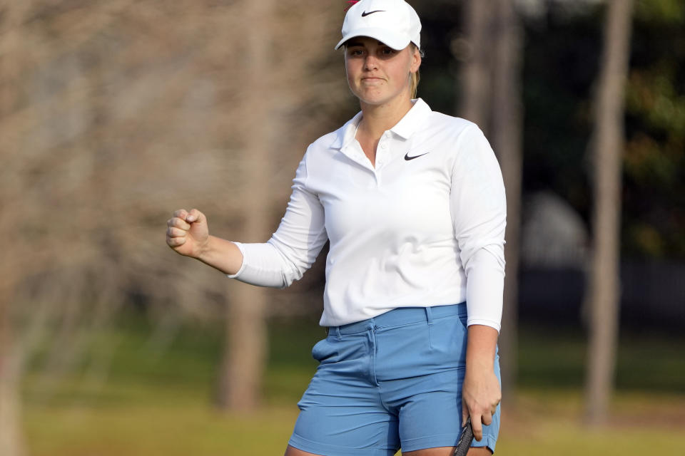 Maja Stark, of Sweden, pumps her fist after sinking a birdie putt on the 17th green during the final round of the LPGA Hilton Grand Vacations Tournament of Champions, Sunday, Jan. 22, 2023, in Orlando, Fla. (AP Photo/John Raoux)