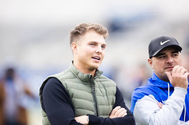 Brigham Young Cougars alumnus Zach Wilson watches during the Brigham Young University alumni game at LaVell Edwards Stadium in Provo on March 31, 2023. | Ryan Sun, Deseret News