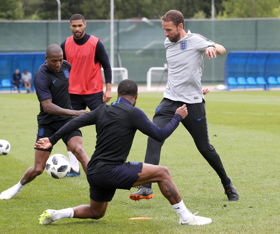 Getting involved: Gareth Southgate takes part in a drill with his players. (Getty)