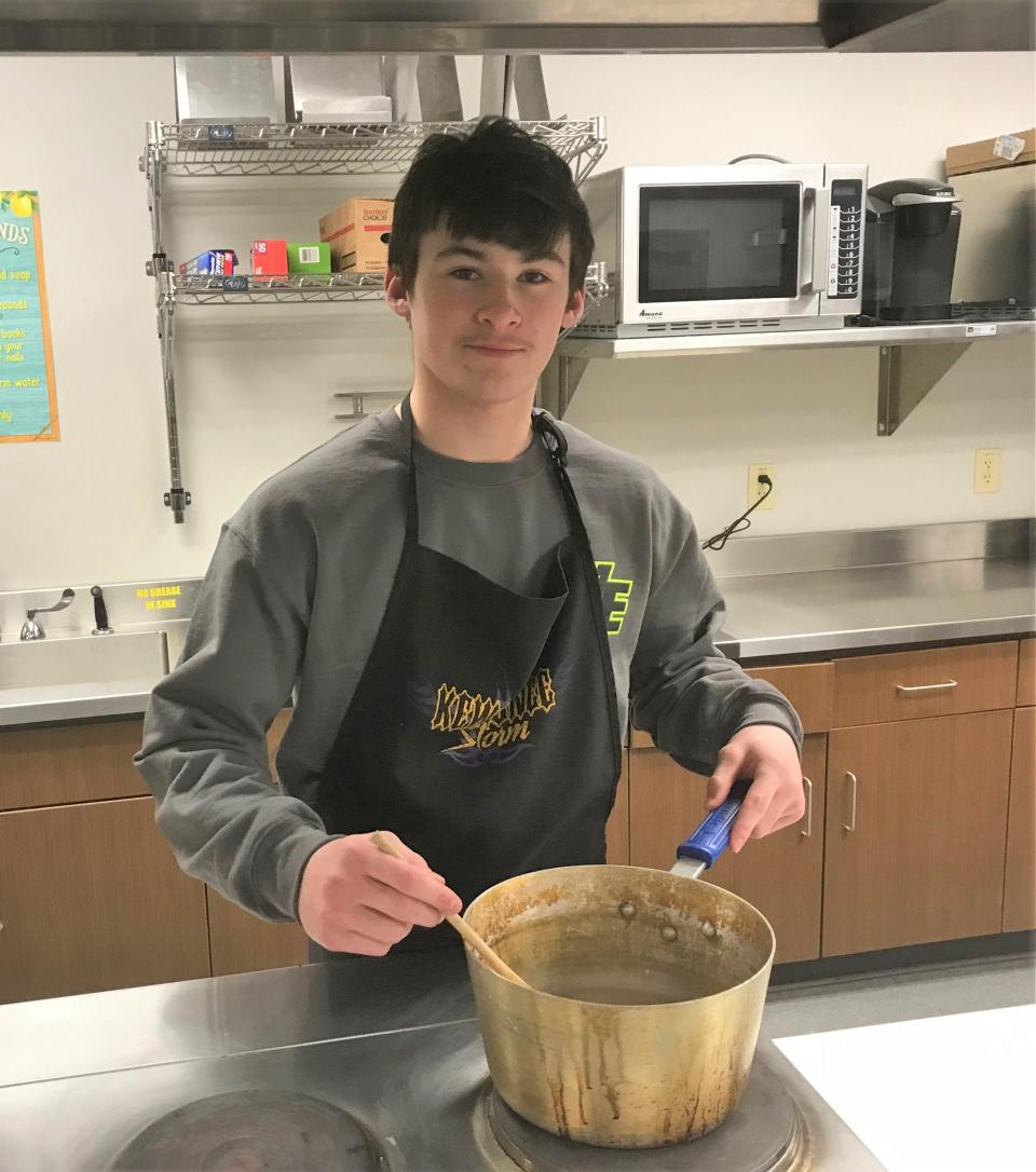 Kewaunee High School senior Matt Wery, shown working in the school's classroom kitchen, is competing against five other high school students from across the state in the SkillsUSA Wisconsin Culinary Arts Competition on April 14 in Pewaukee. The winner advances to the national culinary contest in June in Atlanta.