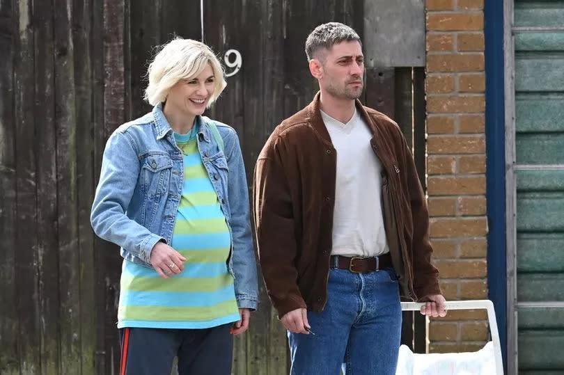 Jodie Whittaker was pictured filming scenes for new Netflix show Toxic Town in Greater Manchester this morning (April 24).