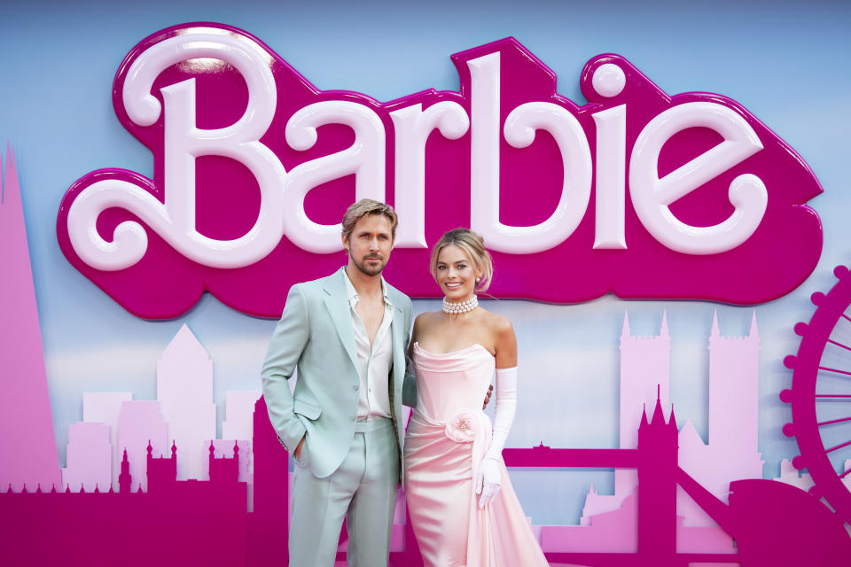 Ryan Gosling, left, and Margot Robbie pose for photographers upon arrival at the premiere of the film 'Barbie' on Wednesday, July 12, 2023, in London. (Scott Garfitt/Invision/AP)