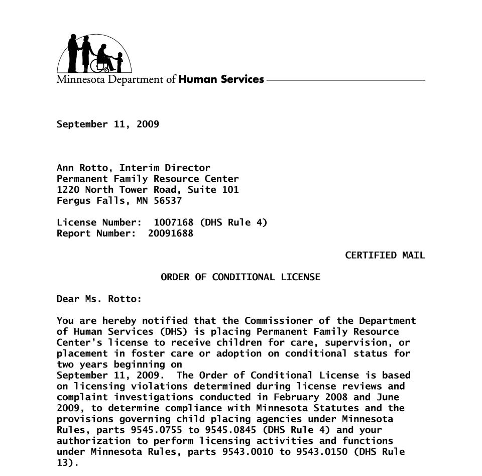 The beginning of the letter from Minnesota DHS to the adoption agency that places the agency on conditional status for years of sloppy paperwork and failing to keep complete records about adoptive families.