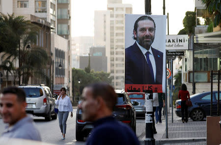 A poster depicting Saad al-Hariri, who announced his resignation as Lebanon's prime minister from Saudi Arabia, is seen in Beirut, Lebanon November 17, 2017. REUTERS/Jamal Saidi