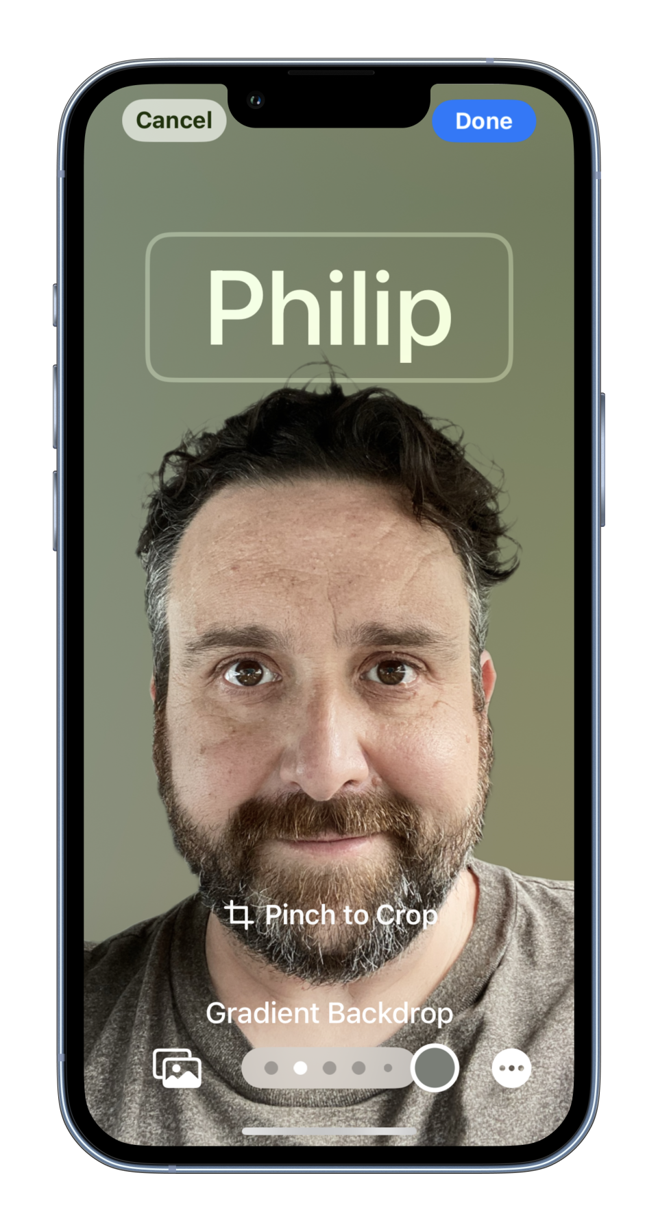 MockUPhone screenshots of the contact poster on iOS 17 showing my face with name and different color and filter options