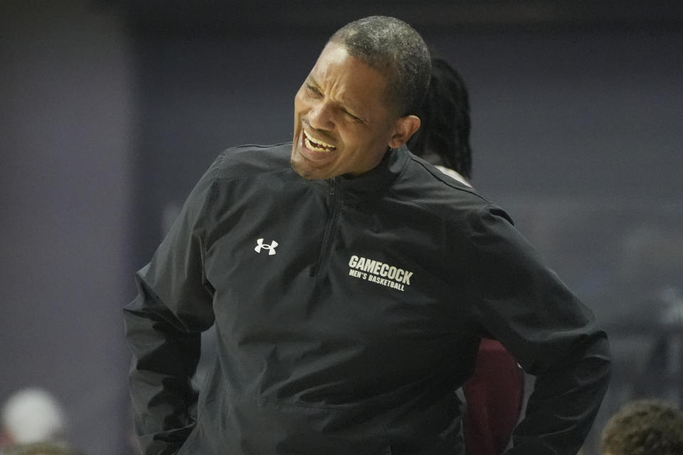 South Carolina head coach Lamont Paris reacts to a official's call during the second half of an NCAA college basketball game against Mississippi, Saturday, Feb. 24, 2024, in Oxford, Miss. South Carolina won 72-59. (AP Photo/Rogelio V. Solis)