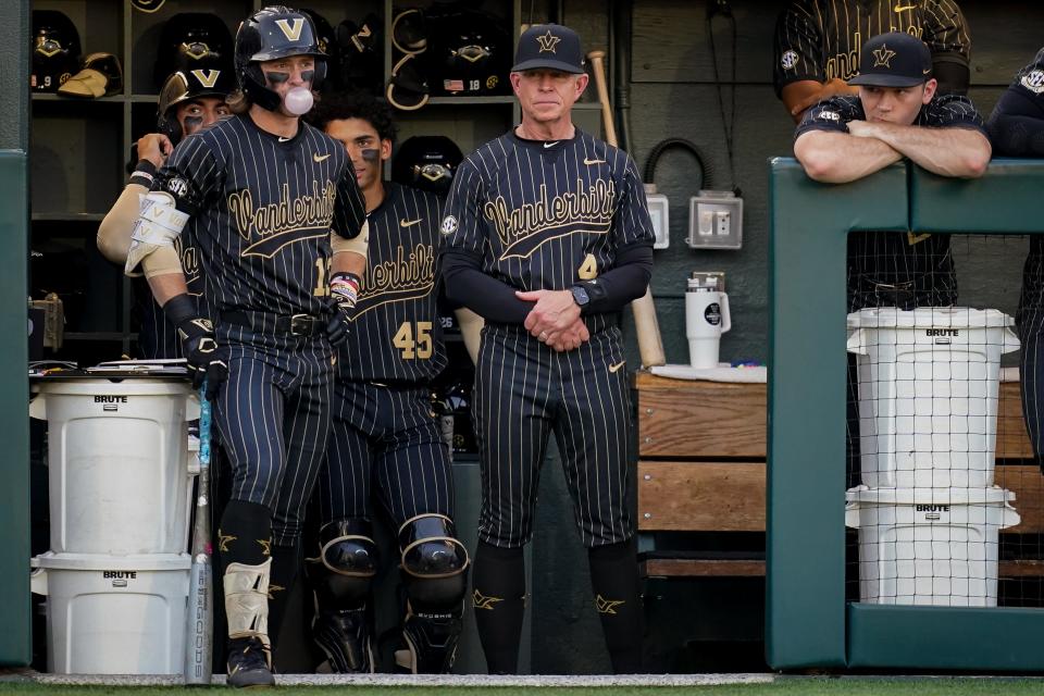 Vanderbilt head coach Tim Corbin watches his team face Louisville during the second inning at Hawkins Field in Nashville, Tenn., Tuesday, May 7, 2024.