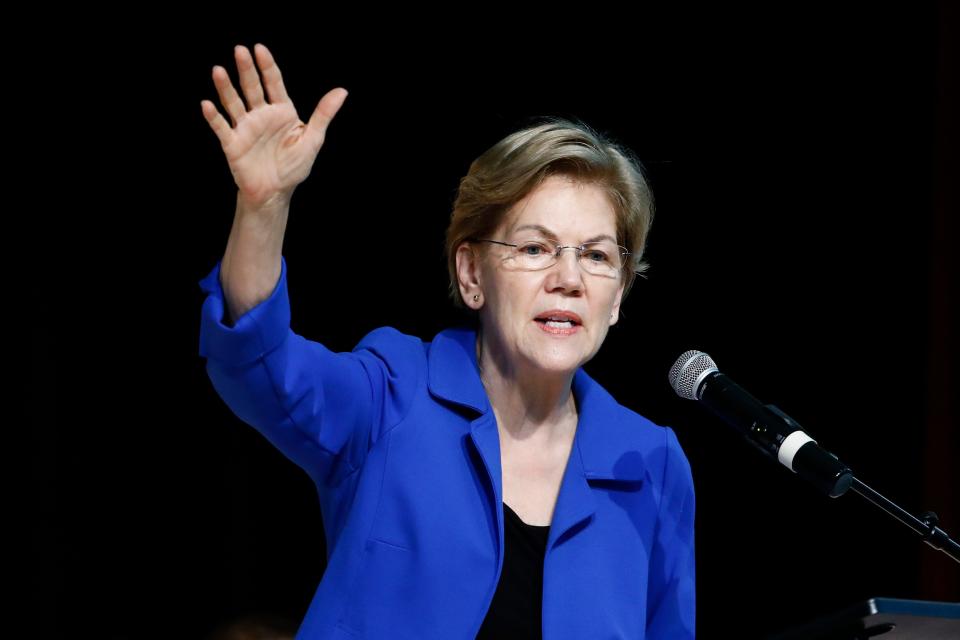 FILE - In this Feb. 26, 2020 file photo Democratic presidential candidate Sen. Elizabeth Warren, D-Mass., speaks at the National Action Network South Carolina Ministers' Breakfast in North Charleston, S.C. (AP Photo/Matt Rourke)