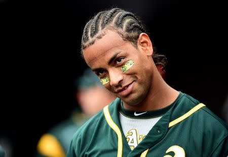 Apr 11, 2019; Baltimore, MD, USA; Oakland Athletics designated hitter Khris Davis (2) looks on in the ninth inning against the Baltimore Orioles at Oriole Park at Camden Yards. Mandatory Credit: Evan Habeeb-USA TODAY Sports