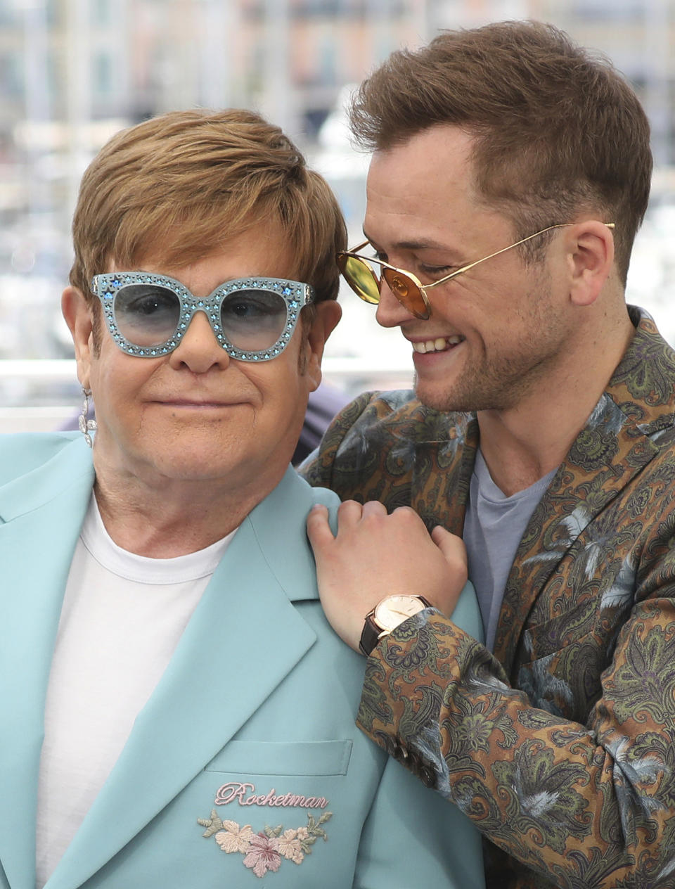 Actor Taron Egerton, right, and singer Elton John pose for photographers at the photo call for the film 'Rocketman' at the 72nd international film festival, Cannes, southern France, Thursday, May 16, 2019. (Photo by Vianney Le Caer/Invision/AP)