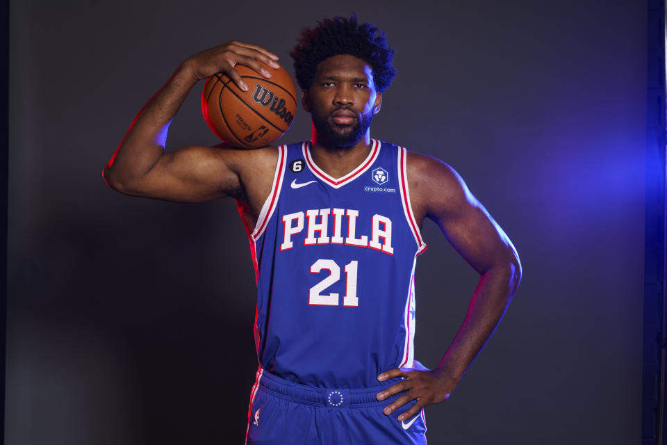 Philadelphia 76ers' Joel Embiid poses for a photograph during media day at the NBA basketball team's practice facility, Monday, Sept. 26, 2022, in Camden, N.J. (AP Photo/Chris Szagola)