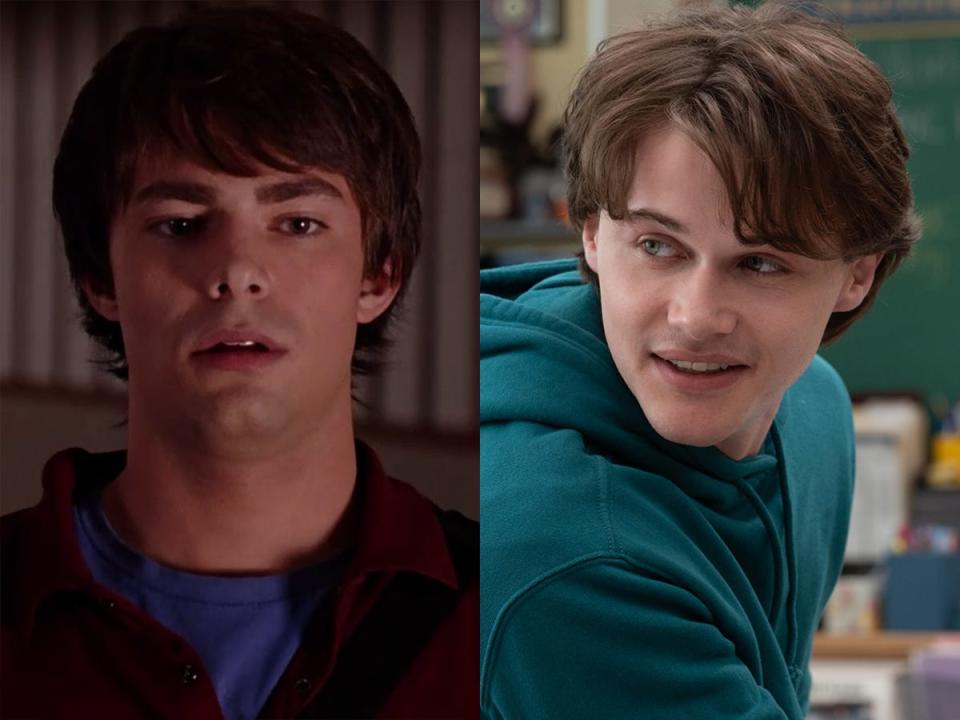 Left: Jonathan Bennett as Aaron Samuels in the 2004 version of "Mean Girls." Right: Christopher Briney as Aaron Samuels in the 2024 version of "Mean Girls."
