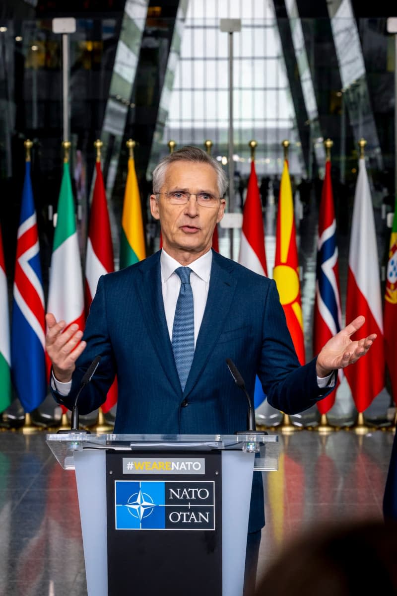 NATO Secretary General Jens Stoltenberg speaks during a press conference with Swedish Prime Minister Ulf Kristersson (Not Pictured) after a ceremony to mark the accession of Sweden to NATO at NATO headquarters. -/NATO/dpa