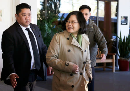 Taiwan President Tsai Ing-wen exits at the Omni Houston Hotel during a "transit stop" enroute to Central America, in Houston, Texas, U.S., January 7, 2017. REUTERS/James Nielsen