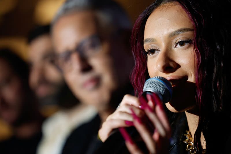 Eden Golan, Israel's representative at the Eurovision Song Contest, attends a press conference in Tel Aviv