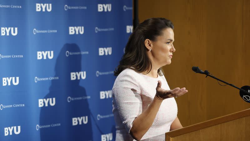 Hungarian President Katalin Novak speaks at Brigham Young University in Provo on Tuesday, Sept. 26, 2023.