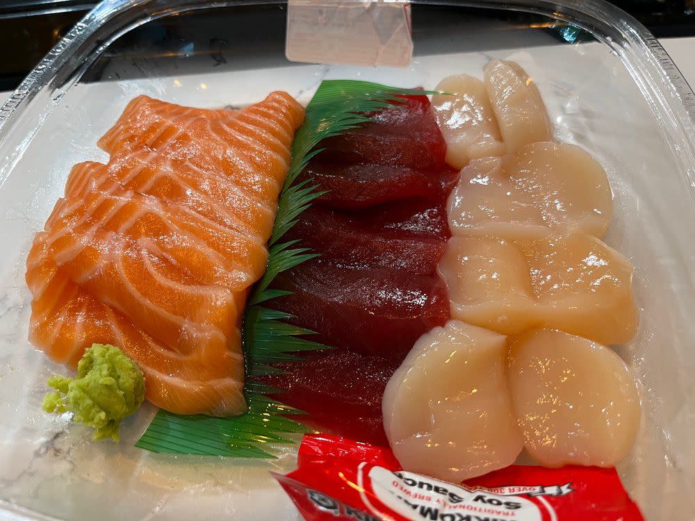 tuna, salmon, and scallop sashimi from costco