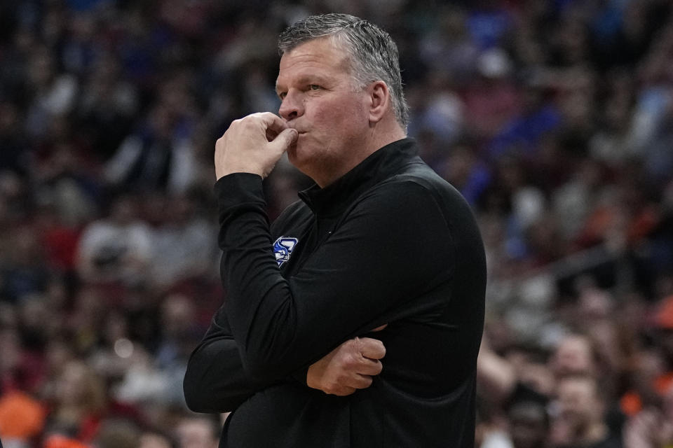 Creighton head coach Greg McDermott watches play against Princeton in the first half of a Sweet 16 round college basketball game in the South Regional of the NCAA Tournament, Friday, March 24, 2023, in Louisville, Ky. (AP Photo/John Bazemore)