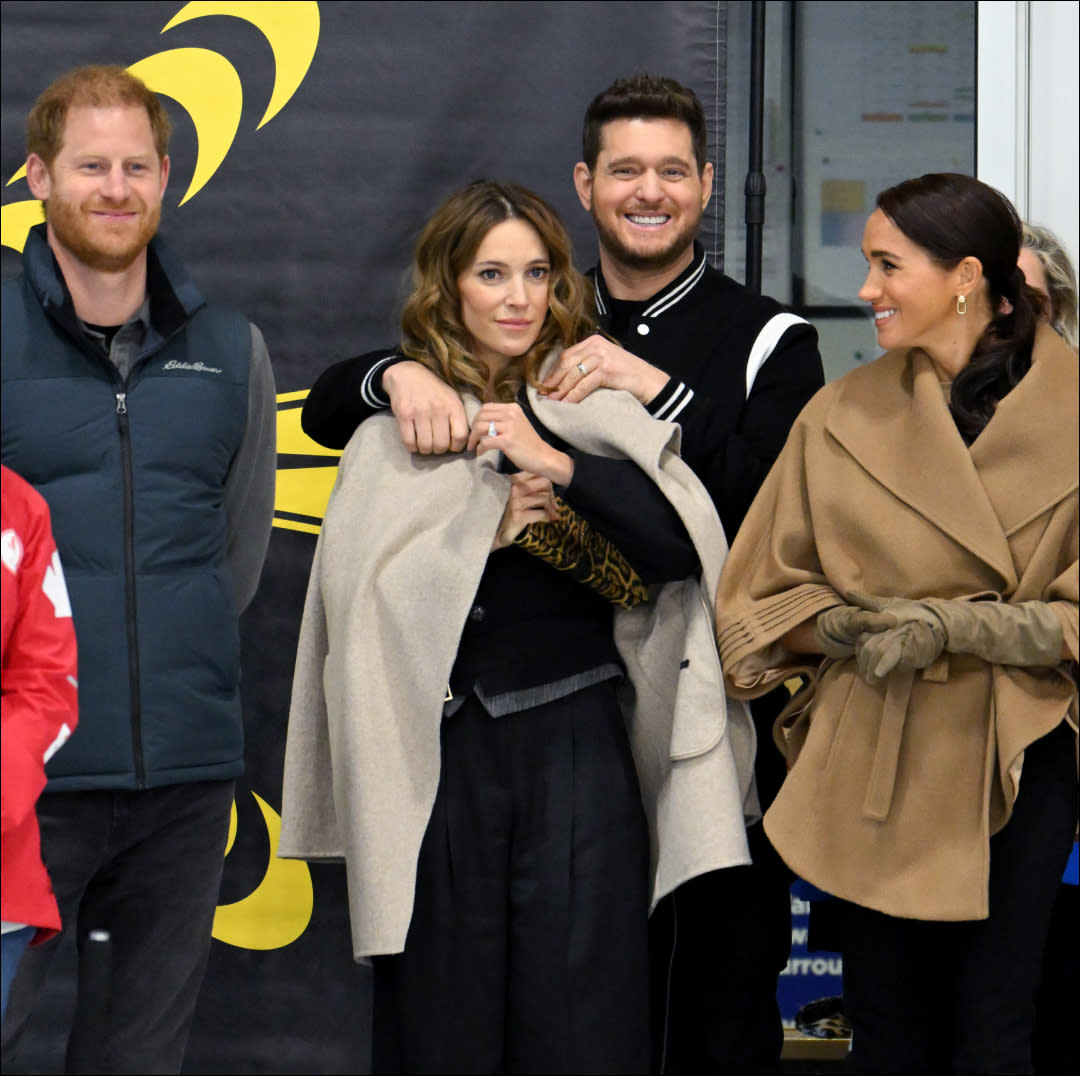  Prince Harry, Duke of Sussex, Luisana Lopilato, Michael Bublé and Meghan, Duchess of Sussex attend the Invictus Games One Year To Go Winter Training Camp at Hillcrest Community Centre on February 16, 2024. 