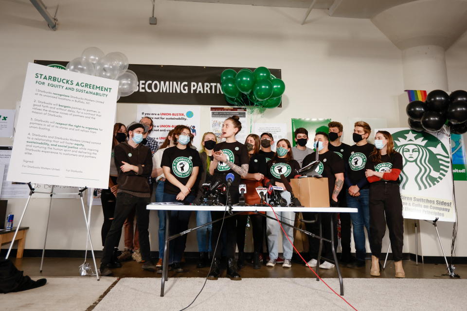 Starbucks workers speak to the media after union vote in Buffalo, New York, U.S., December 9, 2021.  REUTERS/Lindsay DeDario